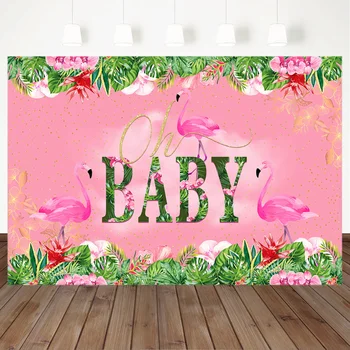 

Summer Flamingo Baby Shower Backdrop Girl 1st First Birthday Party Photography Background Green Leaf Flower Pink Decor Supplies