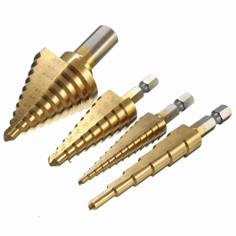

4pcs/Set 1/4 Inch Hex Shank 3/8 Inch HSS 4241 Titanium Coated Step Drill Bits Round Shank High Speed Steel Drill Bits