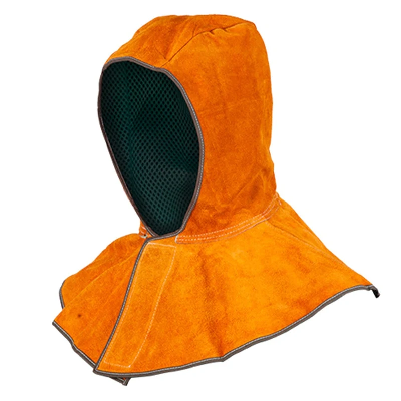 

Cow Leather Welding Cap Working Safety Helmet Golden Cowhide Split Leather Welding Hood with neck shoulder drape