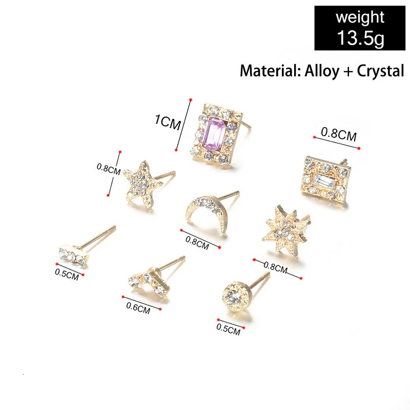 Корейские квадратные серьги с фиолетовым кристаллом, женские модные ювелирные изделия, крошечная звезда, луна, бохо, маленькие серьги, аксессуары для женщин, серьги-гвоздики, набор