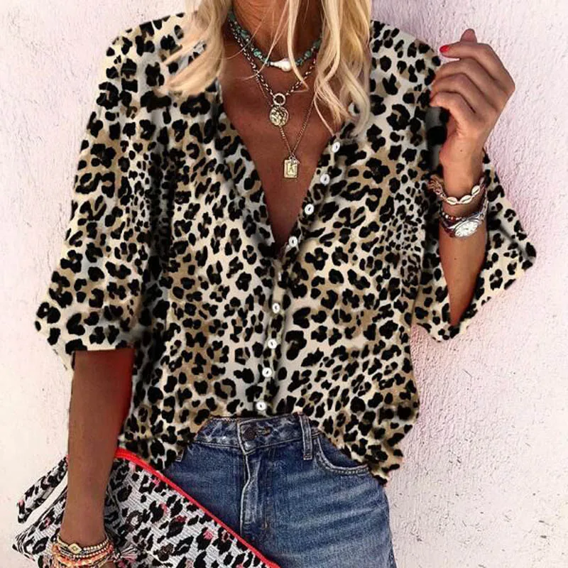 02 Leopard Fanbety 5XL блузки с принтом цепей, женские сексуальные рубашки с v-образным вырезом и длинным рукавом на пуговицах,, Женские Элегантные Осенние Новые Топы, блузки размера плюс - Цвет: 02 Leopard