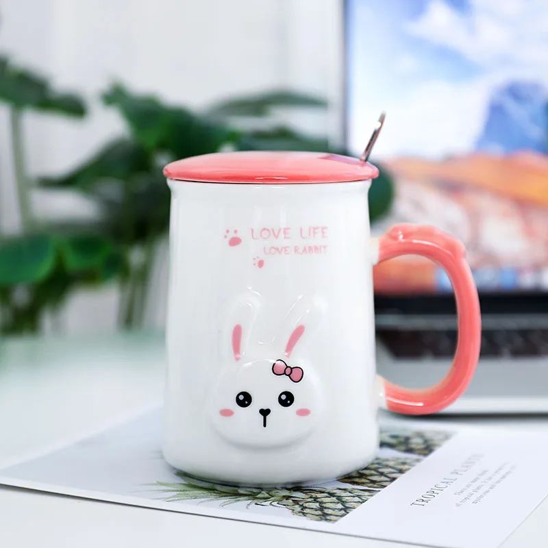 Korean style creative Korean cartoon bunny ceramic cup with lid with spoon student cup office mug children's room decoration - Цвет: B