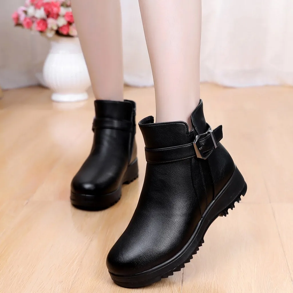 

Women Warm Thick Sole Buckle Snow Boot Plus Velvet Warm Non-slip Cotton Boot Winter Hiking Outdoor Leather Platform Shoes 2019