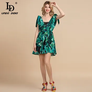 

LD LINDA DELLA Fashion Runway Summer Dress Women's Spaghetti Strap V-neck Ruffles Green Floral Print Holiday Boho Short Dresses