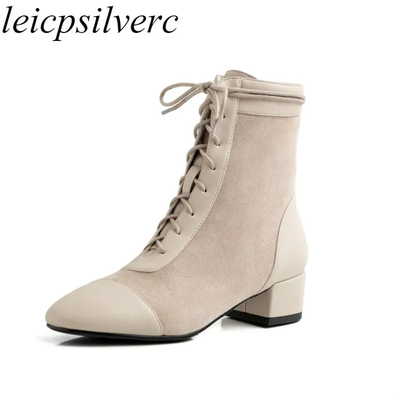 

Women's Boots Autumn Winter Med Heel Cowhide Flock Square Toe Lace Up Ankle Patchwork 2019 New Sexy Fashion Casual Black Beige