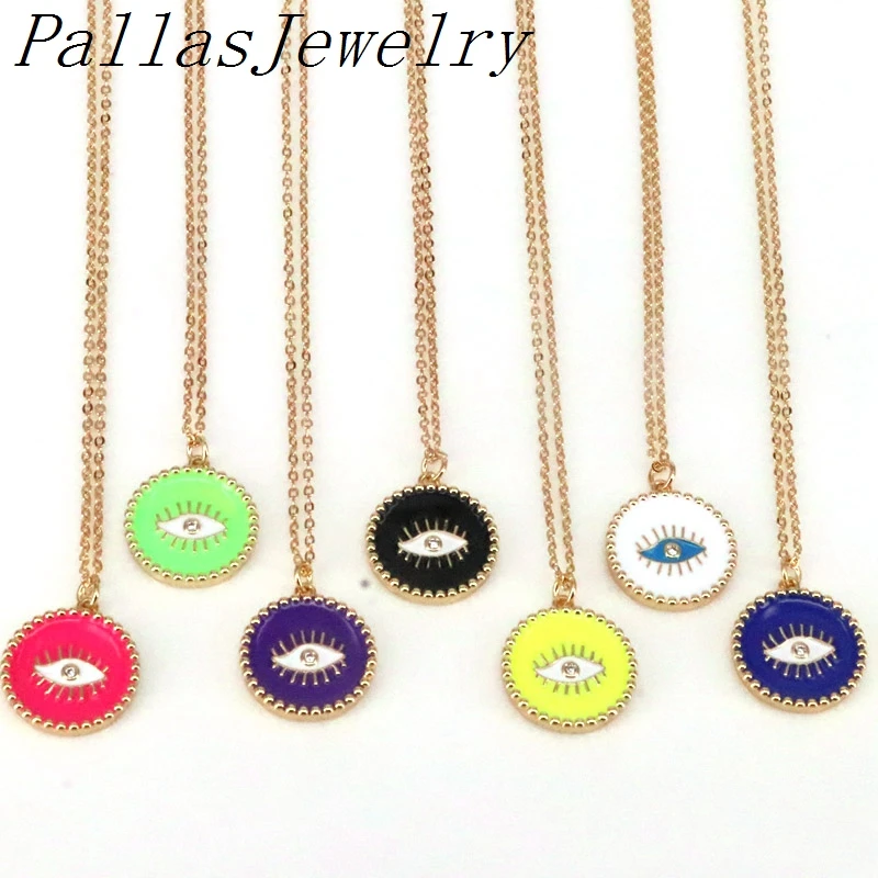 

5Pcs, Round Eye Charm Pendant Necklace Handmade Jewelry, Delicate Ciolorful Eye Necklace, Enamel Brass CZ Pave Pendant Necklace