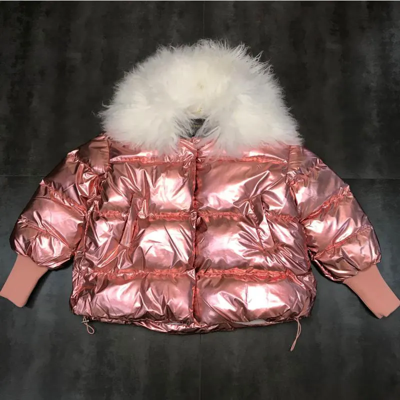 Pink Металлическая Глянцевая зимняя куртка женская монгольская овечья шерсть воротник винтажная куртка пальто теплая хлопковая куртка короткое пальто уличная парка - Цвет: Pink