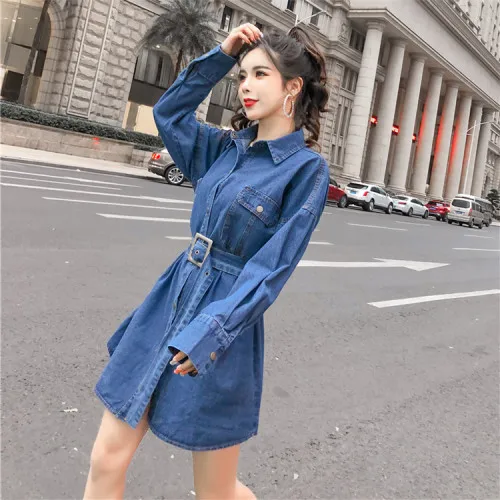Dark Blue Модные женские длинные джинсовые рубашки femme с поясом, длинная джинсовая куртка s, женская джинсовая куртка с длинным рукавом, топы - Цвет: Dark Blue