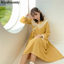 Японский консервативный стиль весна осень Женское платье матросский воротник желтый негабаритных длинное платье Элегантное милое Kawaii платье с длинным рукавом