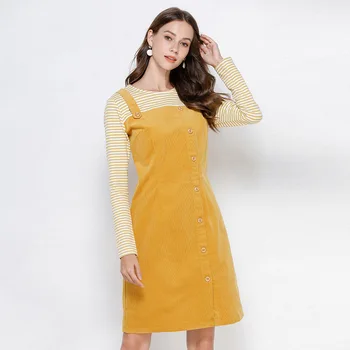 

2019New fashion Autumn ladies plus size dress Stripe patchwork Corduroy Contrast color Fake two pieces Round neck Button XXXXXL
