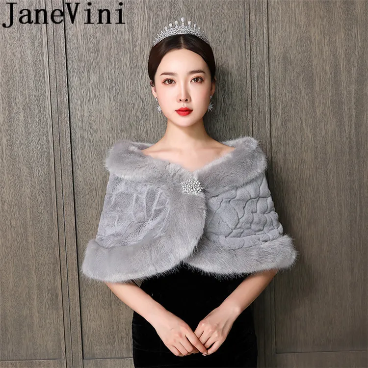 JaneVini/серая накидка из искусственного меха, женские вечерние шали, наплечная Обложка, женская зимняя куртка с отделкой из меха, свадебное платье, болеро