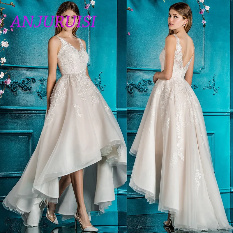 ANJURUISI Высокое/низкое свадебное платье-бохо свадебное платье для принцессы с аппликацией из кружева и тюля платье невесты с открытой спиной Trouwjurk Vestido Noiva