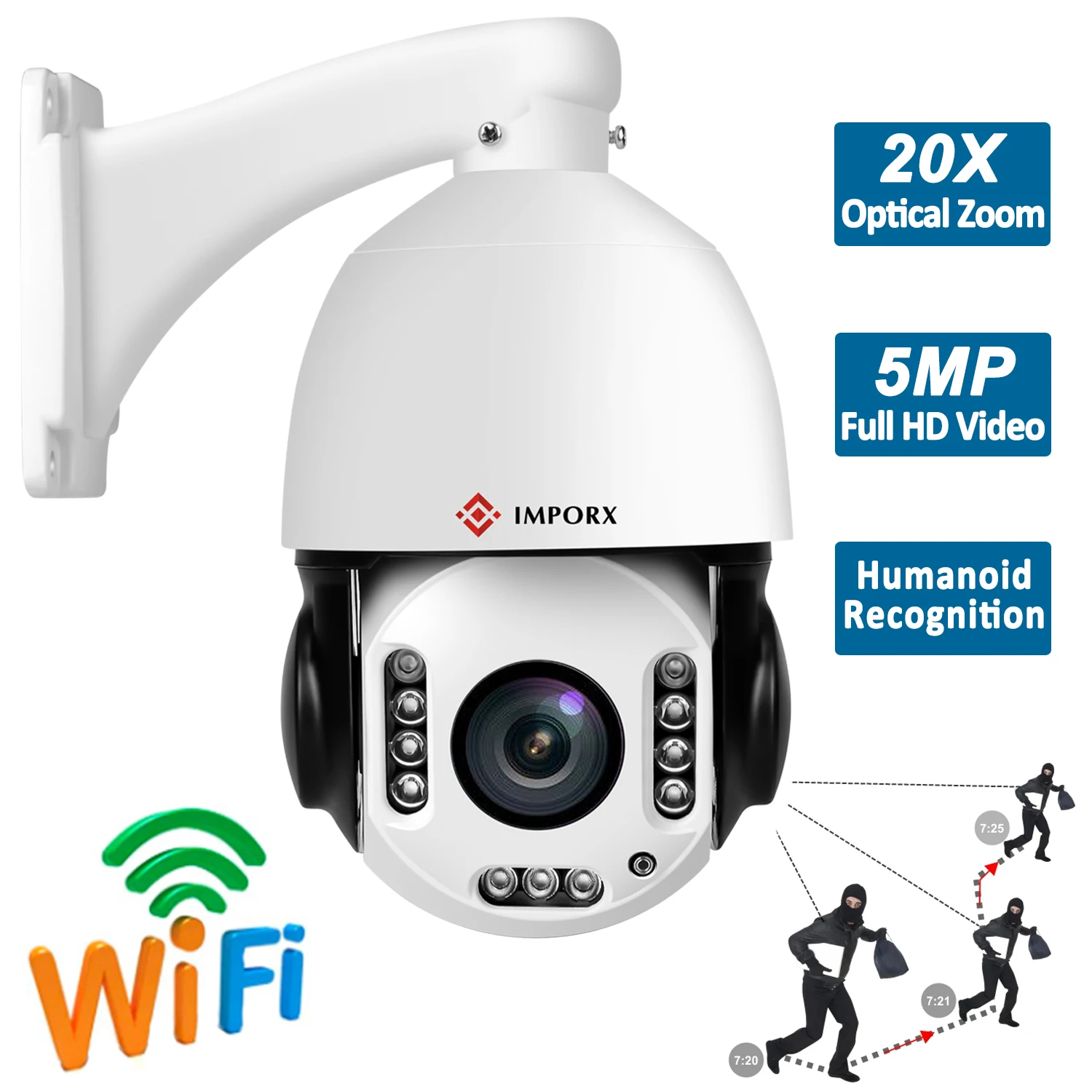 

IMPORX 5MP 2592*1944 20X Digital Zoom Wireless Wifi Auto Tracking Humanoid Recognition PTZ IP Camera With Microphone And Speaker