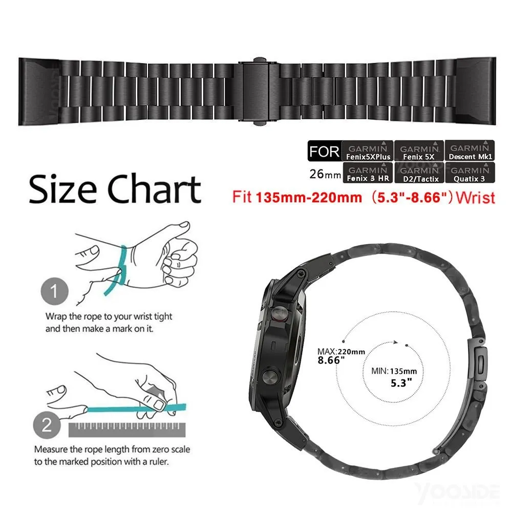 Металлический ремешок Fenix 5X/Fenix 6X26 мм из нержавеющей стали для часов Garmin Fenix 5X Plus/Fenix 3/3 HR/D2 Delta PX