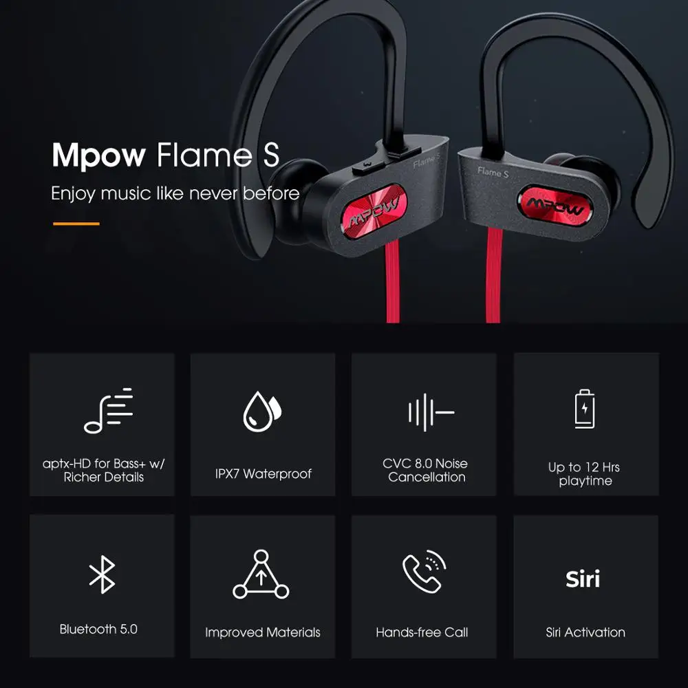 Mpow Flame S Wireless Bluetooth Earphones Upgraded Version aptX HD Bluetooth V5.0 Earbud IPX7 Waterproof&8.0Noise Cancelling Mic
