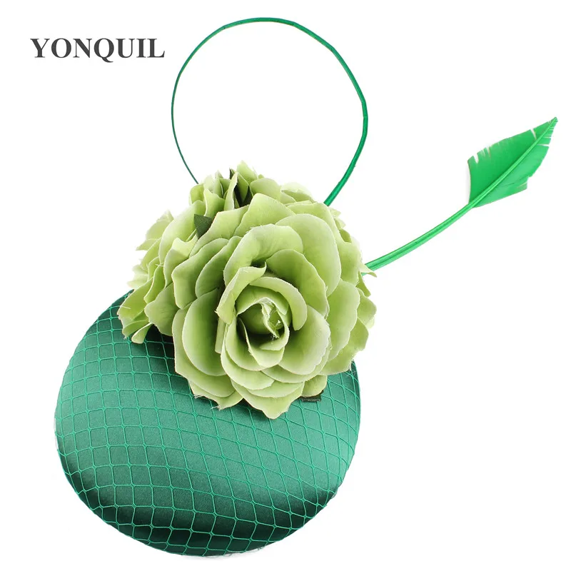 Green flower fascinartor wedding hat women headband fashion mesh fedora caps church occasion hair accessories bride headpiece
