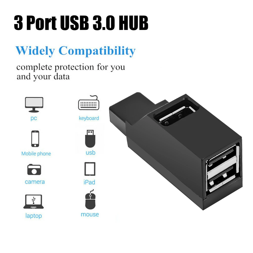 Kebidu-Mini Hub USB 3,0 de 3 puertos, adaptador de caja divisora de transferencia de datos de alta velocidad para ordenador portátil, iPhone 7, 8, X