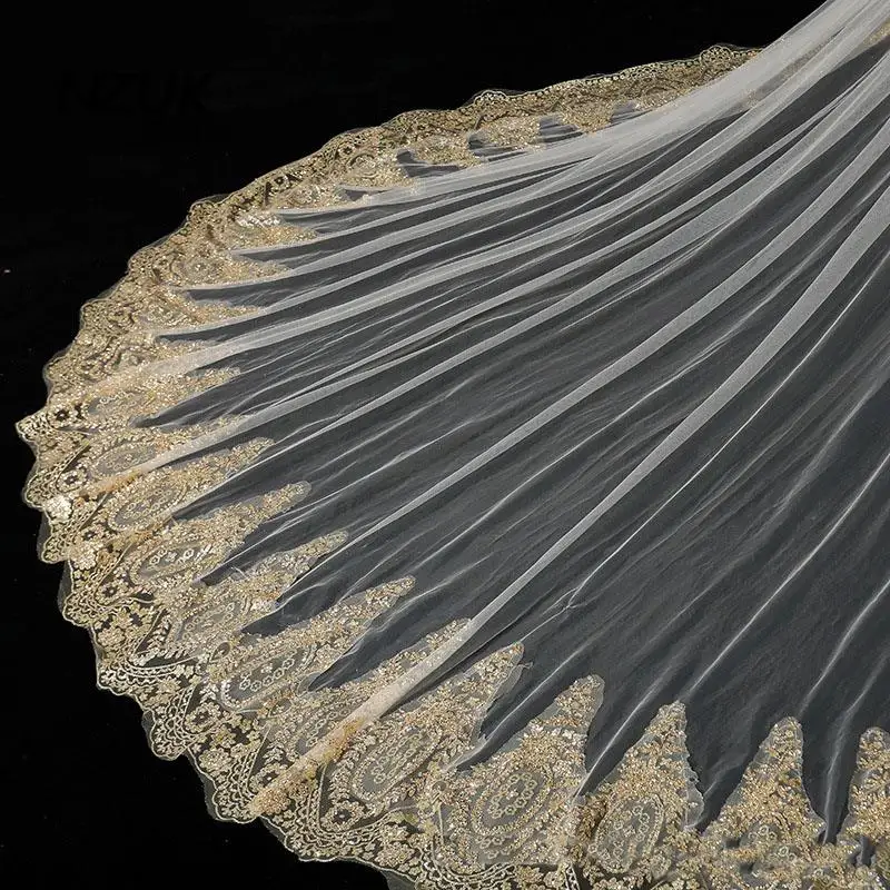 NZUK Gold Lace Edge Bridal Veil Luxury Two Layer Cathedral Wedding Veils  Long velos de novia Wedding Accessories