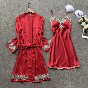 

silk robe & gown set sexy sleepwear women lingerie dressing summer pajamas lace bathrobe lounge sleep set home pijamas
