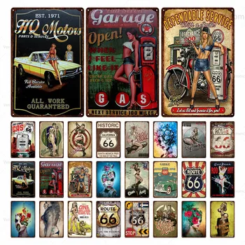 

America Route 66 Plate Motor Oil Vintage Metal Tin Sign Plaque Garage Service Beautiful Girl Art Poster Home Gas Station Decor