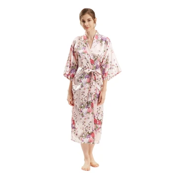

Summer And Autumn Women Pajamas Mid-sleeve Long Simulation Silk Nightgown Long Floral Thin One-piece Kimono Cardigan