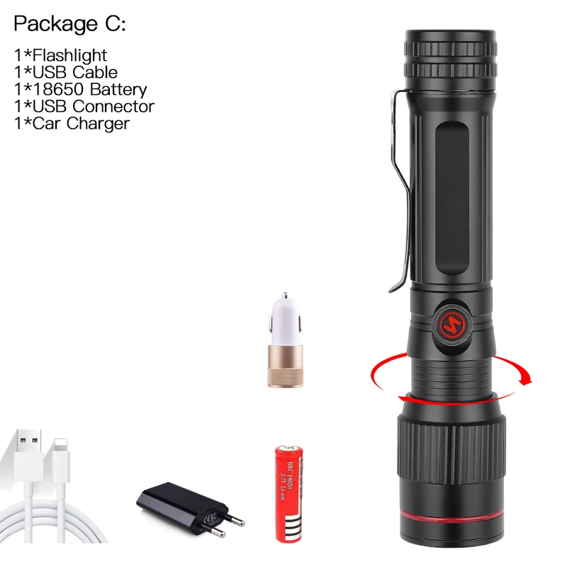 C Мощный светодиодный фонарик 50000LM P8 фонарик USB зарядка светодиодный фонарь с зумом lanter 1*18650 батарея для кемпинга Велоспорт лампа - Испускаемый цвет: C