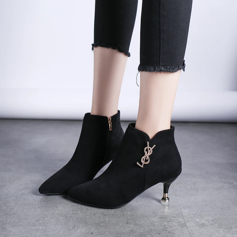 

Black Suede High Heel Ankle Boots Women Winter Shoes 2019 Pointed Toe Fashion Short Booties for Ladies Metal Decoration