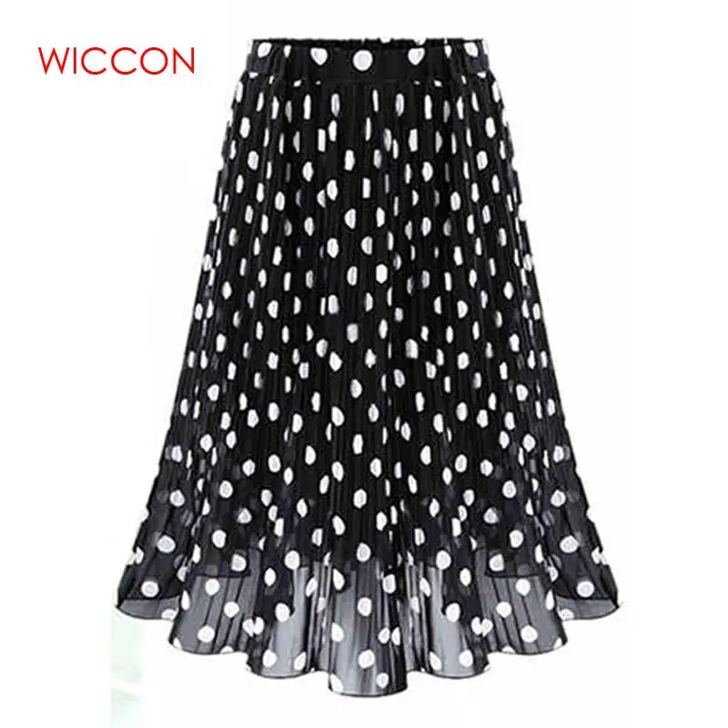 WICCON весна осень женские шифоновые в горошек юбка Женский Белый Черный горошек комплект пуловер+ кожаная юбка пляжные юбки женские