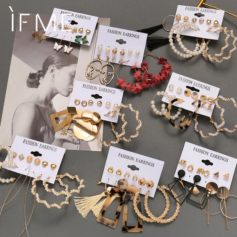 Earrings-Set Trendy Jewelry Geometric Metal Tassel Acrylic Pearl Gold Butterfly Vintage