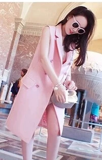 Новинка, модный розовый однотонный длинный женский костюм, жилет, женский двубортный жилет, безрукавка, топы, женская одежда Y898 - Цвет: Розовый