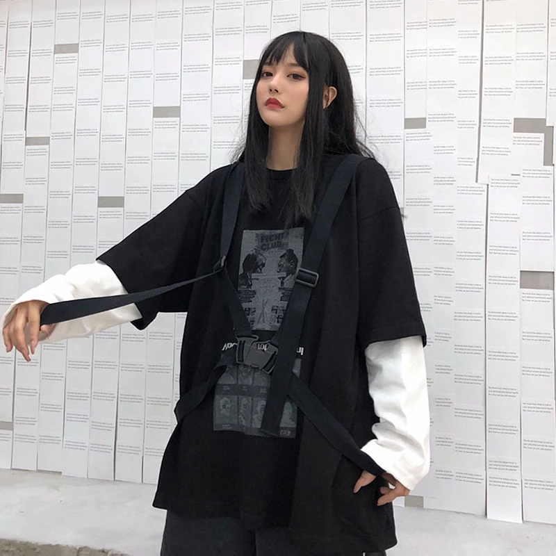 Woherb, новинка, весна-осень, футболка с принтом для женщин и мужчин, Harajuku, поддельные топы из 2 частей, с ремнем, в стиле ретро, черные, серые футболки