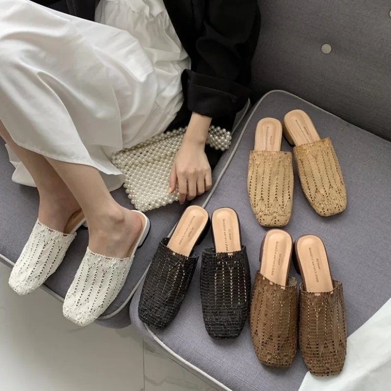 

Shoes Without Heel Square Toe Luxury Slides Women's Slippers 2019 Heeled Mules Flat Designer New Block Summer Cover Cotton