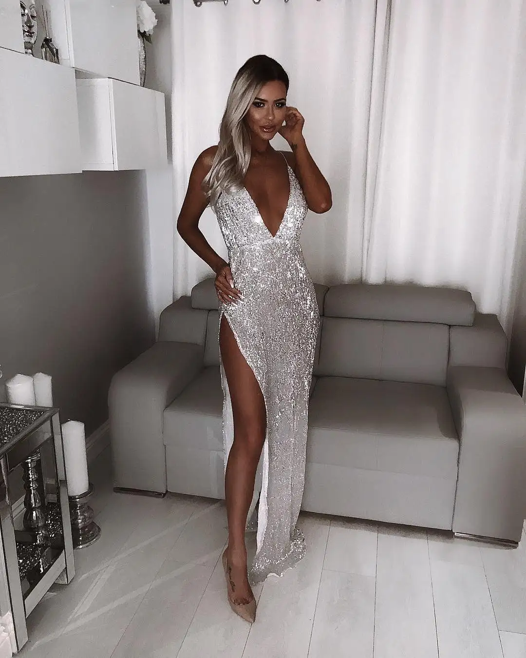 Блестками пикантные вечерние платье Clubnight серебро Vestido длинное сексуальное нижнее белье с глубоким v-образным вырезом облегающие платья-Макси с разрезом - Цвет: Серебристый