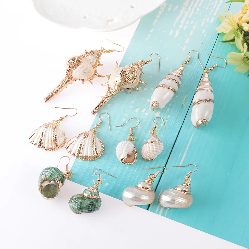 

2019 Fashion Sea Ocean Natural Conch Shell Gold Drop Earrings for Women Green Summer Cowrie Bohemian Statement Beach Jewelry