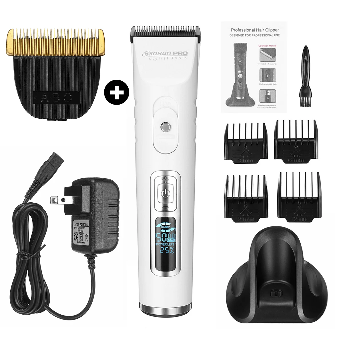 White with 1 blade Baorun портативная перезаряжаемая машинка для стрижки волос электрическая Беспроводная 5 передач бесшумный светодиодный триммер для волос Машинка для стрижки бороды для мужчин - Цвет: White with 1 blade