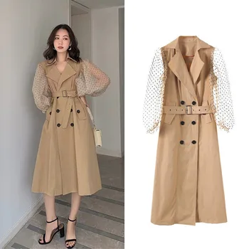 

New fund autumn winters gauze lantern sleeve splicing female G0797 paragraph dust coat grows in khaki coat