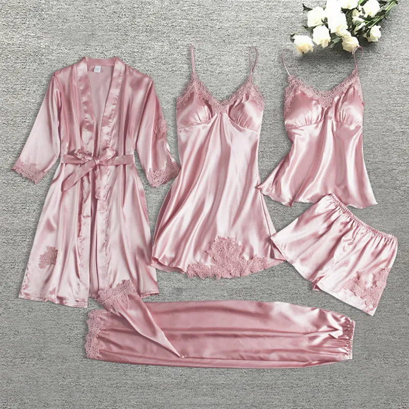 Women Pajamas Set Women Pajama Suit Leepwear Female 5/4/2PCS Pajamas Set Satin Pyjamamas Lace Patchwork Bril Wedding Nightwear Rayon Home Wear Nighty&Robe Suit