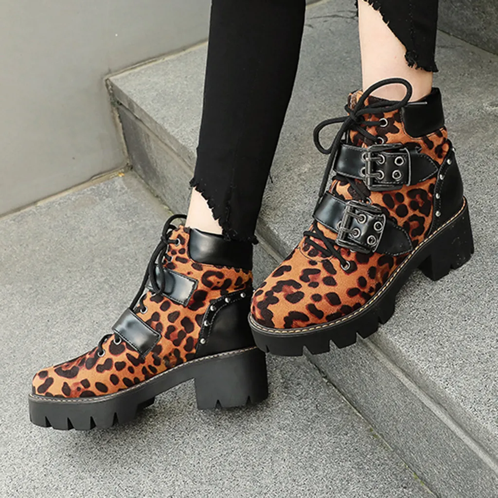 

Leopard Print Women's Rivet Motorcycle Boot Winter Buckle Strap Casual Ankle Boots Fashion Female High Heel Bright Leather Shoes