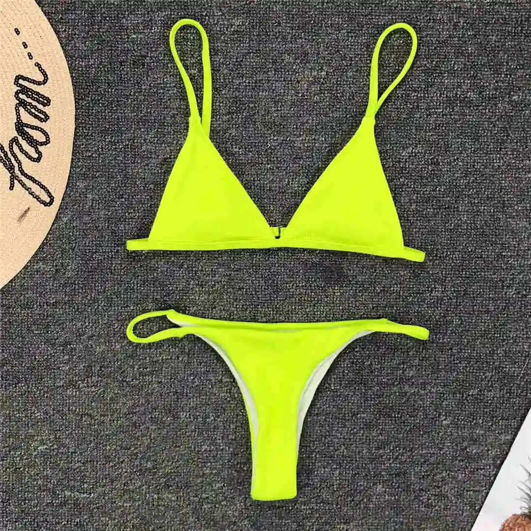 Neon Yellow Неоновые розовые стринги бикини Женская одежда для плавания женский купальный костюм комплект бикини из двух предметов ребристый купальный мини-купальник V1666 - Цвет: Neon Yellow