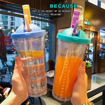 

Bpa-Free Plastic 16oz/24oz Double Wall Straw Cofee Bottle to Go Cold Juice Tea Cups With Tumbler Insulated Auto Water Mugs