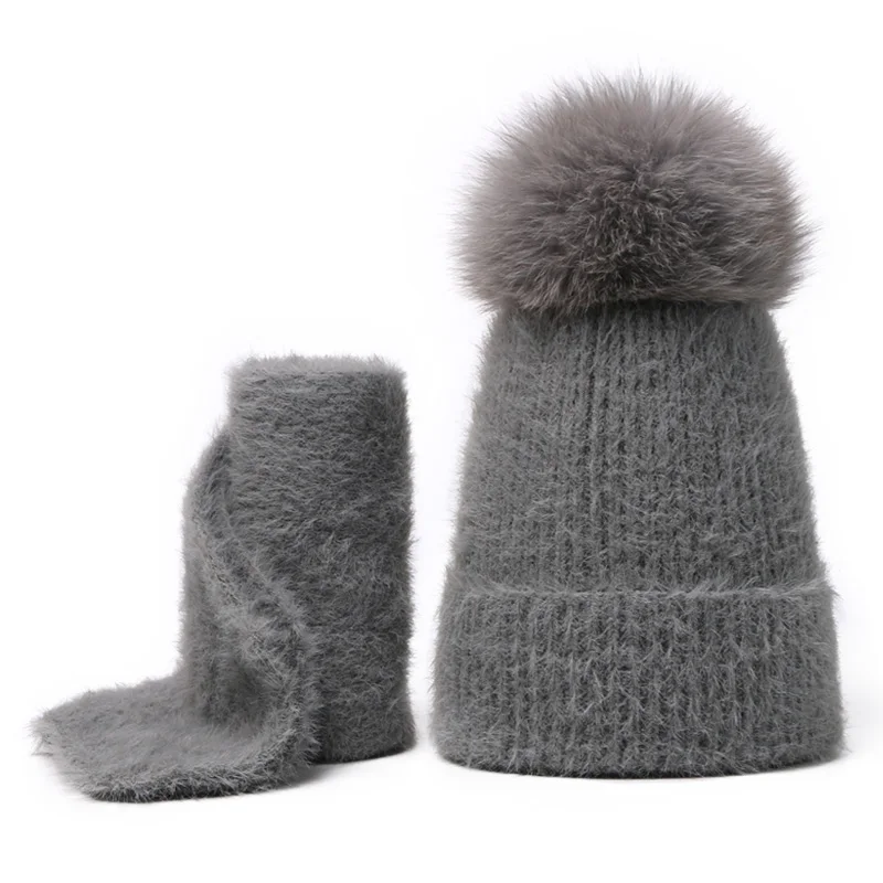 Scarf Set Real Fur Pom Pom Hat Children Winter Female Warm Wool Nature Fur Crochet Beanie Knitted Soft Solid Elasticity - Цвет: I