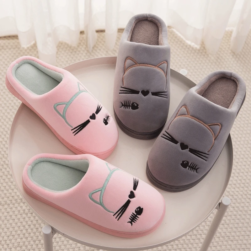 Women Winter Home Slippers Cartoon Cat Shoes Non-slip Soft Warm House Slippers Indoor Bedroom Lovers Couples Shoes