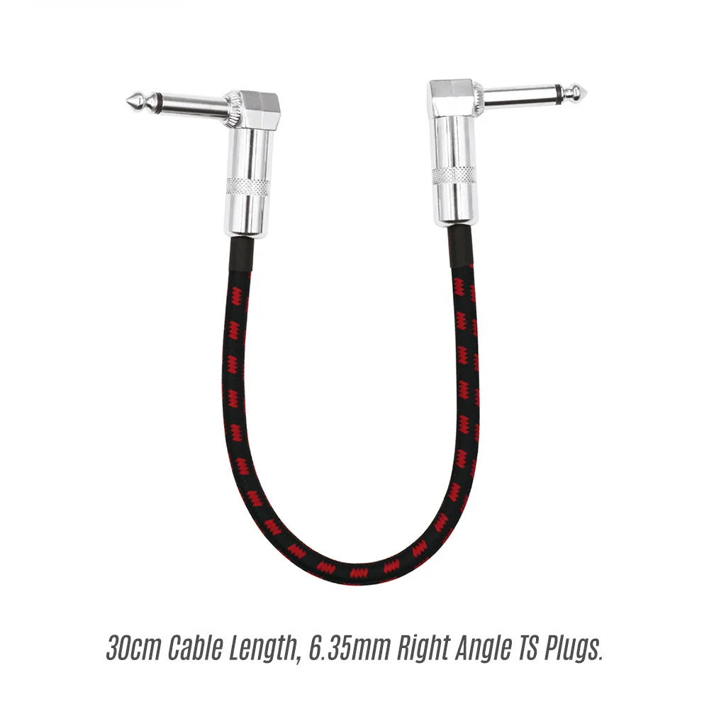 

Guitar Effect Pedal Cable Instrument Patch Cord 1/4 Inch 6.35mm Silver Right Angle TS Plugs Black & Red Braided Fabric Jacket