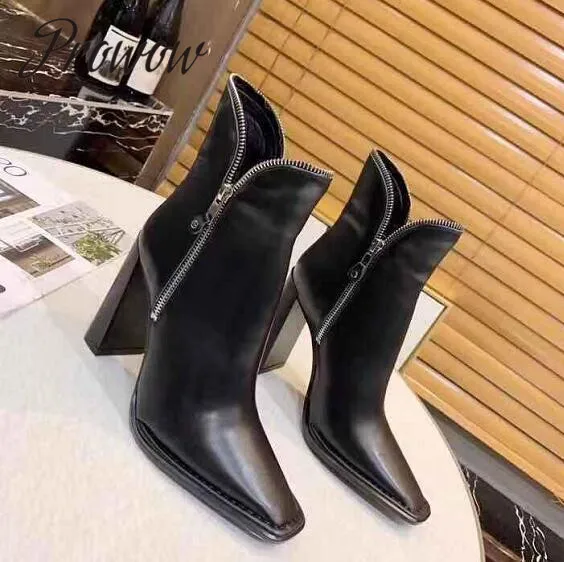 

Prowow New Genuine Leather Square Toe Ankle Boots Zip Side Luxury Brand Thick Heel HIgh Heel Boots Shoes Women
