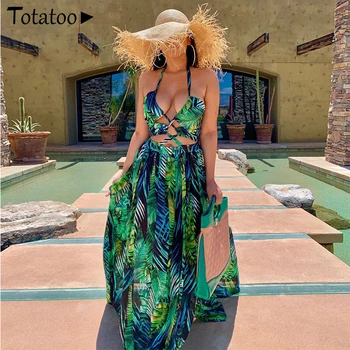 

Totatoop Beach Holiday Party Long Dress Women 2020 Leaf Green Maxi Dress Halter Lace Up High Split Fit And Flare Summer Dresses
