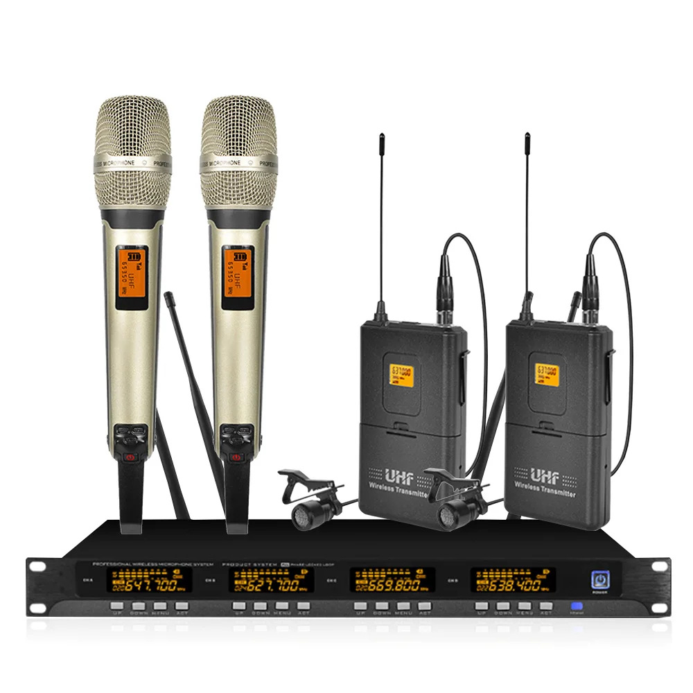 

Orban 4-channel UHF wireless microphone system with 2 handheld and 2 lavalier microphones for conference room presentations