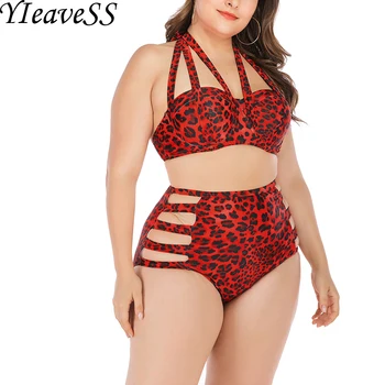 

Plus Size Tankini Set L-4XL 2020 New High Waist Brief Bikini Set Push Up Halter Padded with Wire Leopard Swimsuits