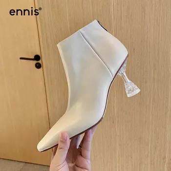 

ENNIS Fashion Women Ankle Boots Genuine Leather Square Boots Crystal High Heel Burgundy Boots Zipper Shoes Black Beige NEW A0172