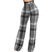 

Fashion Women Y2K Plaid Pants Elastic Waist Long Pant Knit Casual Wide Leg Pant Female Vintage High Waist Oversize Trousers