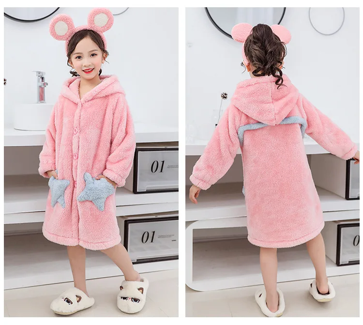 Домашняя одежда для девочек; длинный плюшевый банный халат; милое Ночное платье; бархатная утепленная Пижама с капюшоном и принтом пятиконечной звезды; одежда